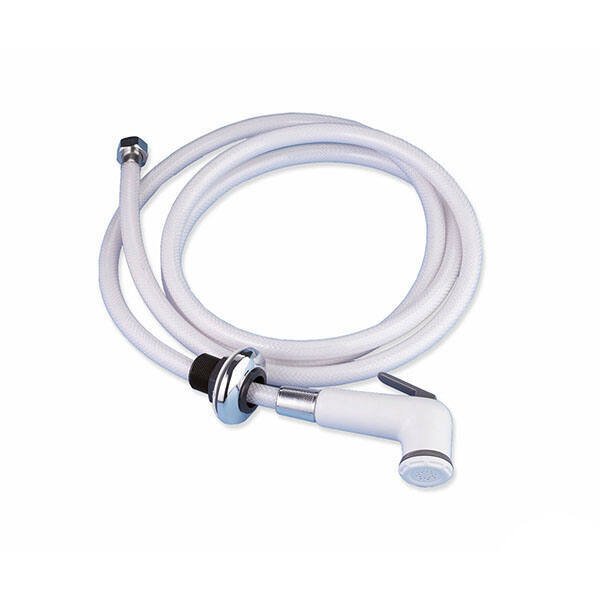 Douchette de pont boitier rond inox + tuyau PVC blanc + douchette plastique